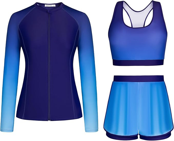 JASAMBAC Women's 3 Piece Rash Guard Long Sleeve Swimsuits with Boyshorts Zip Up UPF 50+ Swim Shir... | Amazon (US)