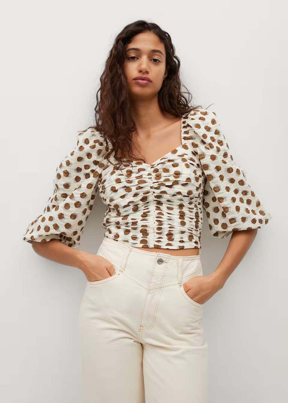 Ruched polka-dot blouse | MANGO (US)