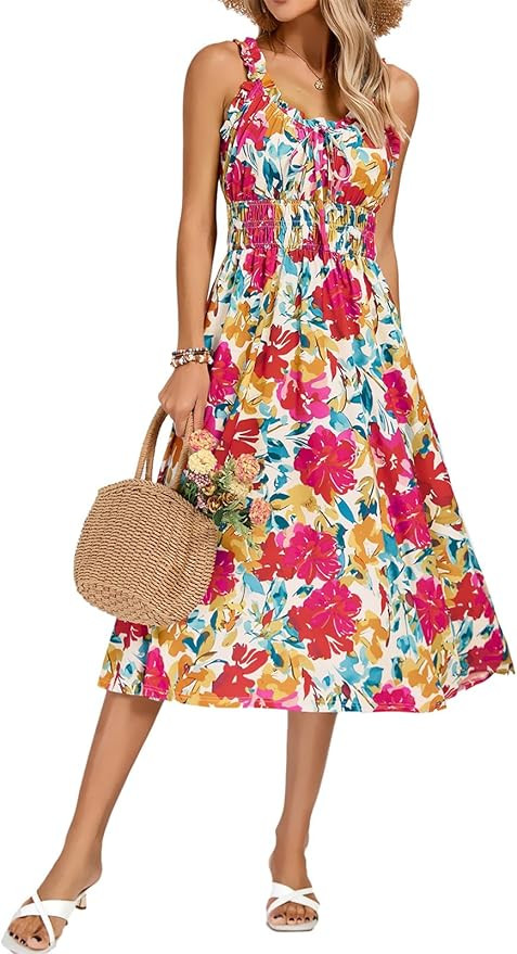 Kate Kasin Womens Dresses Floral Boho Casual Ruffle Sleeveless Square Neck A Line Beach Vacation ... | Amazon (US)