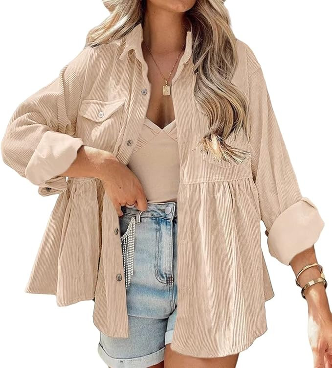 JINZHAO Womens Corduroy Peplum Shirts Tops Cute Long Sleeve Button Down Blouses with Pockets | Amazon (US)