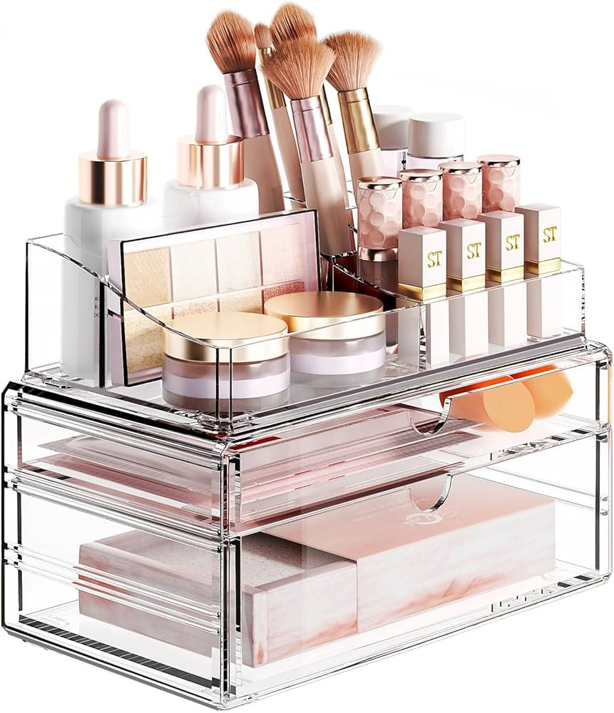 Delamu 3-Tier Clear Makeup Organizer with Drawer, Acrylic Cosmetic Display Case for Makeup Vanity... | Amazon (US)