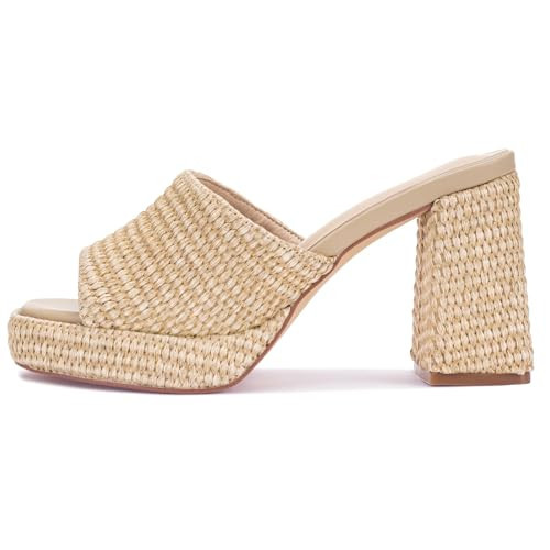 Monrovia Womens Sandals Heels for Women Slide On Block Chunky Platform High Heels Open Toe Raffia Wedge Sandals, Natural Size 7.5 | Amazon (US)