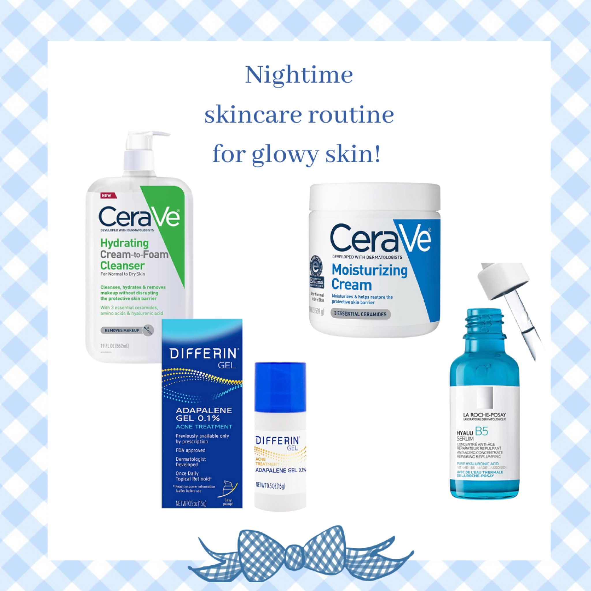 By request, It’s my tried and true, super simple, nighttime skincare routine! 

1️⃣ Cleanse with the Cerave cream to foam hydrating cleanser. It’s gentle and hydrating but still does a great job of removing sunscreen and makeup. 

2️⃣ Follow with the La Roche Posay Hyalu B5 serum on damp skin. It doesn’t take much, around half a dropper.

3️⃣ Next follow with a thin layer (1 pump) of Differin Adapalene retinoid treatment. I find that I have less irritation if I start slow, using only a few times a week and work my way up to nightly use. 

4️⃣ Moisturize! Seal it in with a super simple moisturizer. This one has been my favorite for years on face and body. Your moisturizer doesn’t have to be fancy to be good!

My skin is dry and sensitive, but still acne prone and this routine has worked great! 

My gingham ruffle top is @jcrew , also linked on my LTK page. 

#drugstoreskincare #skincareroutine #skincaretips #retinoid #skincare

#LTKbeauty