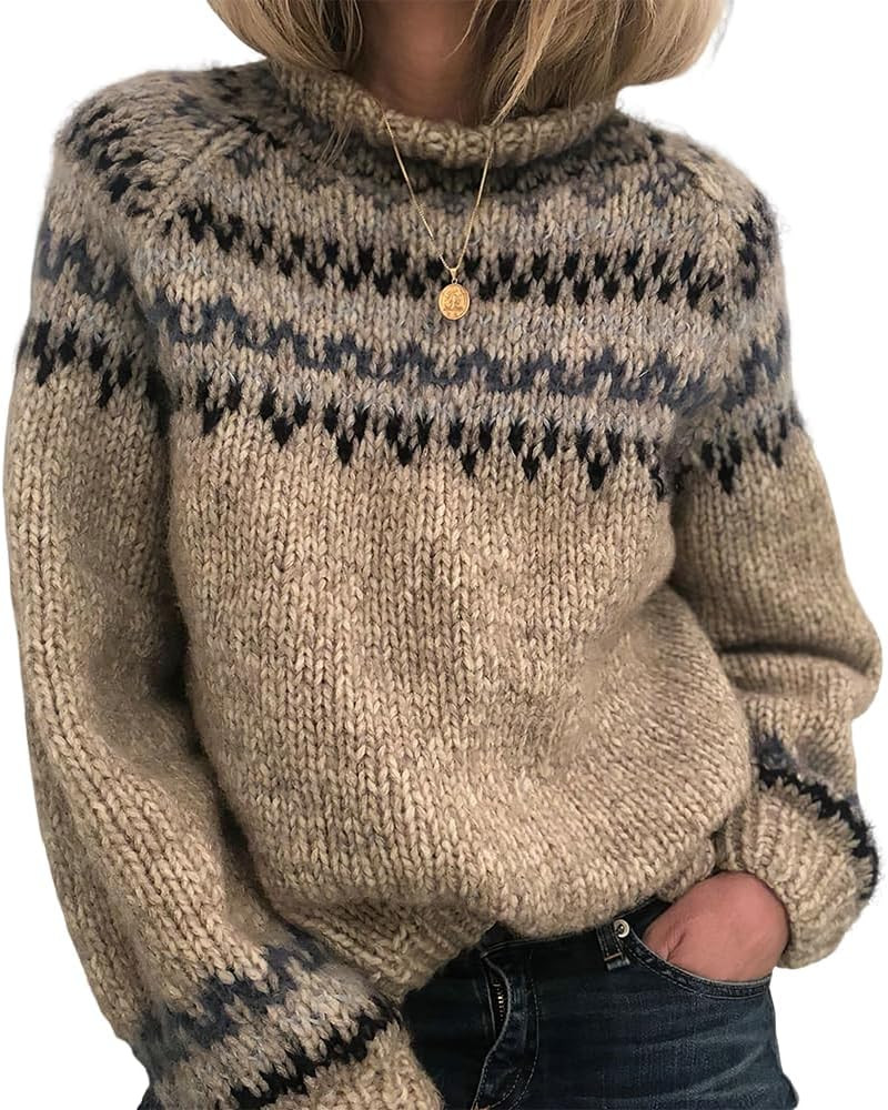 Women's Knitted Fair Isle Print Retro Sweater Casual Loose Crewneck Long Sleeve Lightweight Cropp... | Amazon (US)