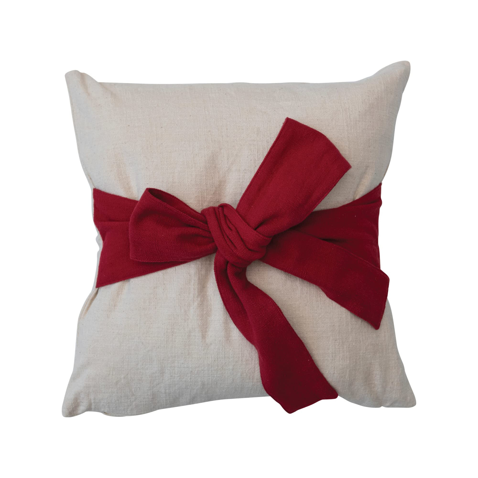 Creative Co-Op 18' Square Hand-Woven Cotton Slub Pillow w/Bow, Cream Color & Red | Amazon (US)