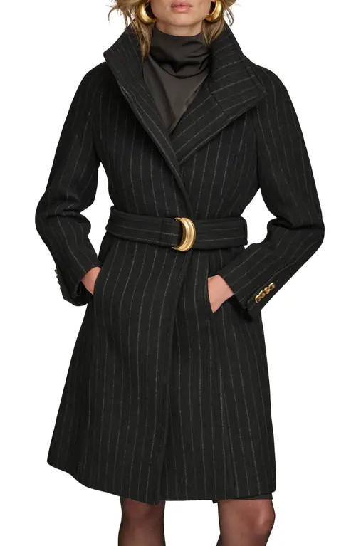 Donna Karan New York Belted Wool Wrap Coat in Black Pinstripe at Nordstrom, Size X-Small | Nordstrom