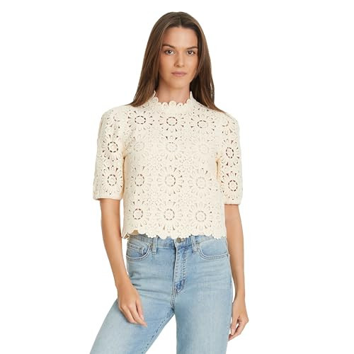 Sam Edelman Women's Doral Crochet Knit Short Sleeve Sweater with Zipper Back Standard, Cream | Amazon (US)