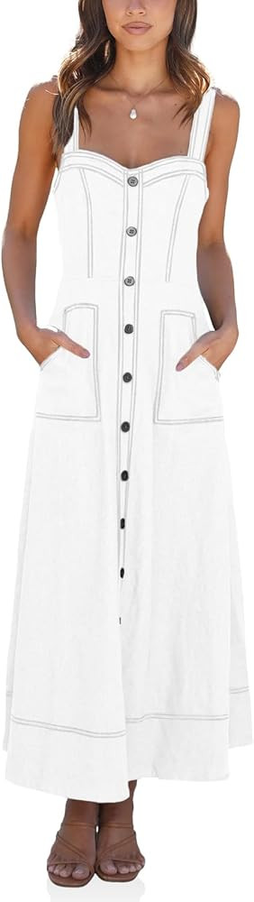 Fisoew Women's Long Denim Dress Sleeveless Adjustable Straps Stretch A Line Maxi Dress with Pocke... | Amazon (US)