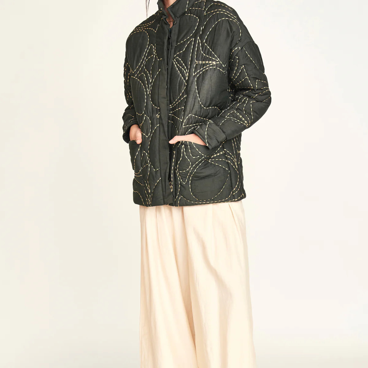 Tahoe Quilted Jacket in Charcoal Jurassic Kantha | MIRTH