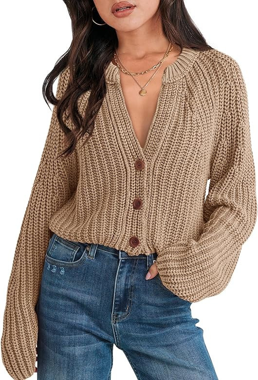 ReachMe Womens Fall Cable Knit Cardigan Chunky Button Cropped Sweaters Open Front Long Sleeve V N... | Amazon (US)