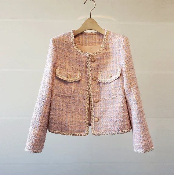 Pink Tweed Long Sleeve Outwear Coat Jacket - Etsy | Etsy (US)