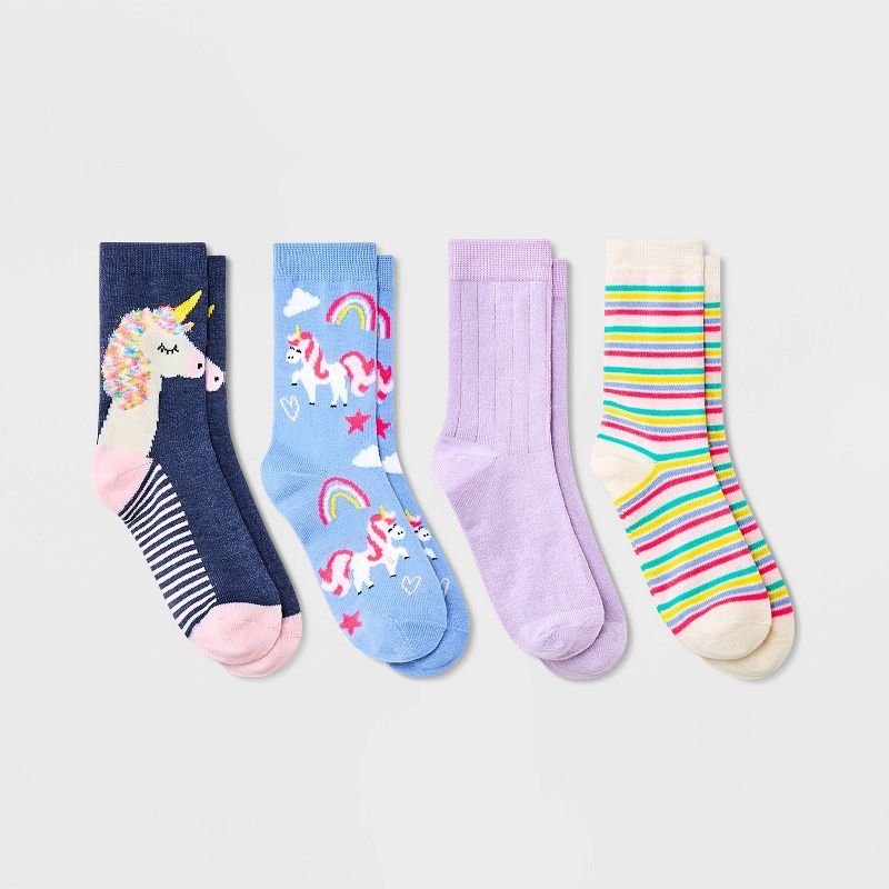 Girls' 4pk Crew Unicorn Socks - Cat & Jack™ Blue Denim | Target