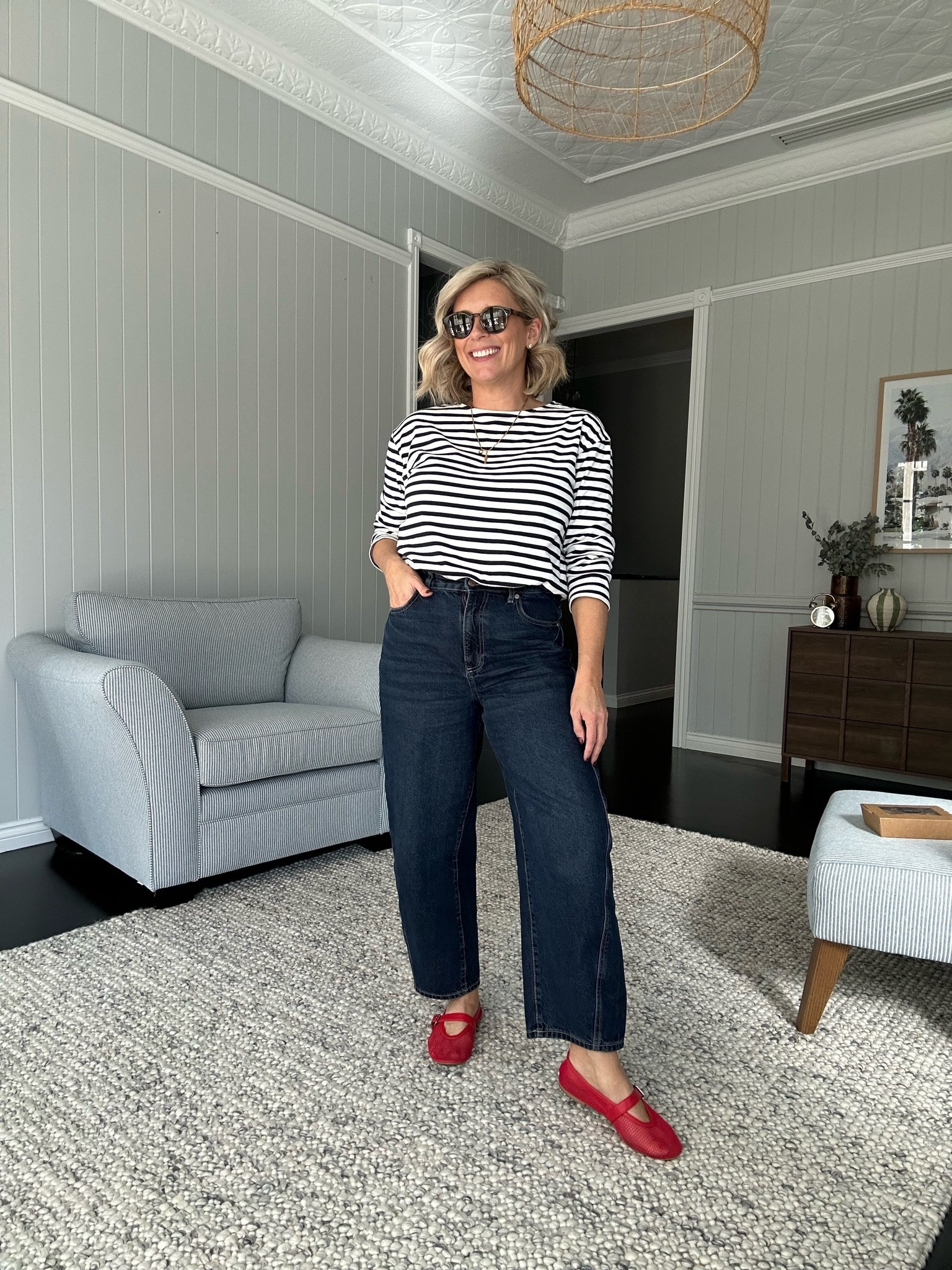 Saturday style - dark indigo barrel leg jeans (they’re $50) with a Breton tee and a pop of red via my ballet flats. 

Jeans: size 12.

#LTKaustralia #LTKwinter #LTKjeans