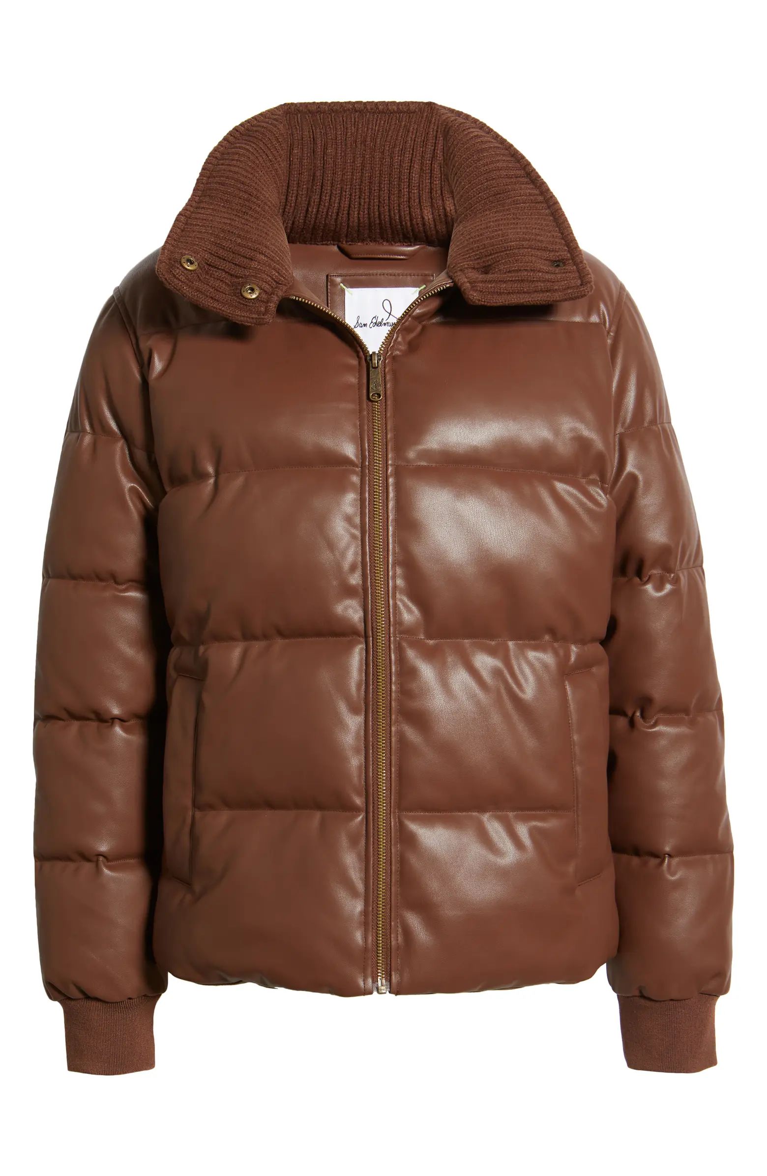 Faux Leather Puffer Jacket with Ribbed Collar | Nordstrom