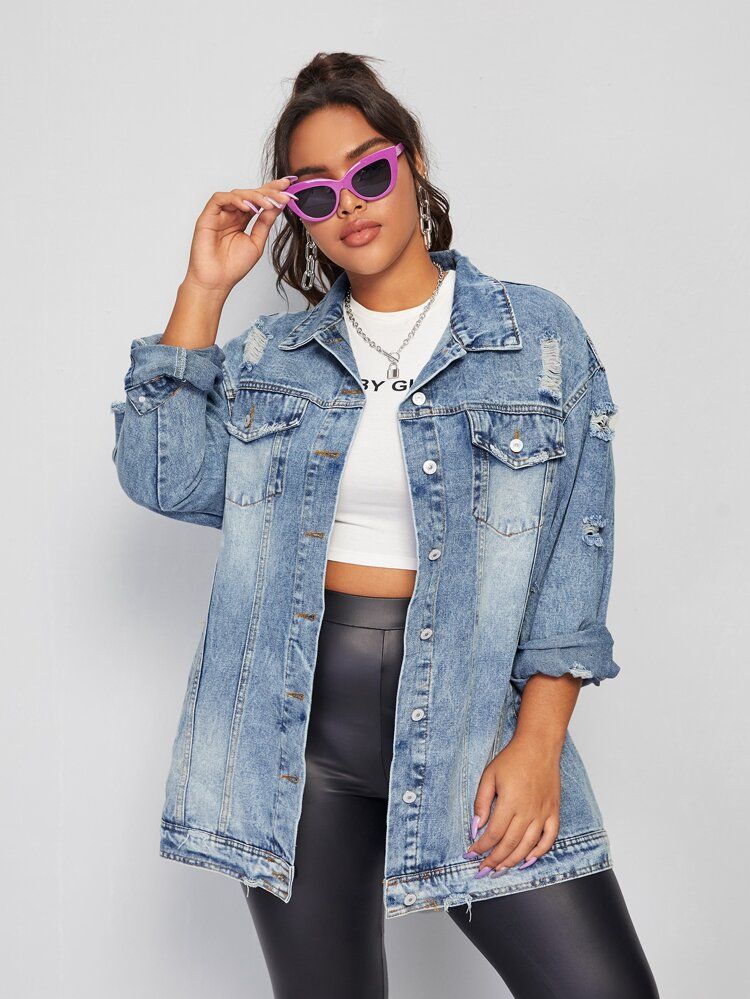 Plus Flap Pocket Ripped Washed Denim Jacket | SHEIN