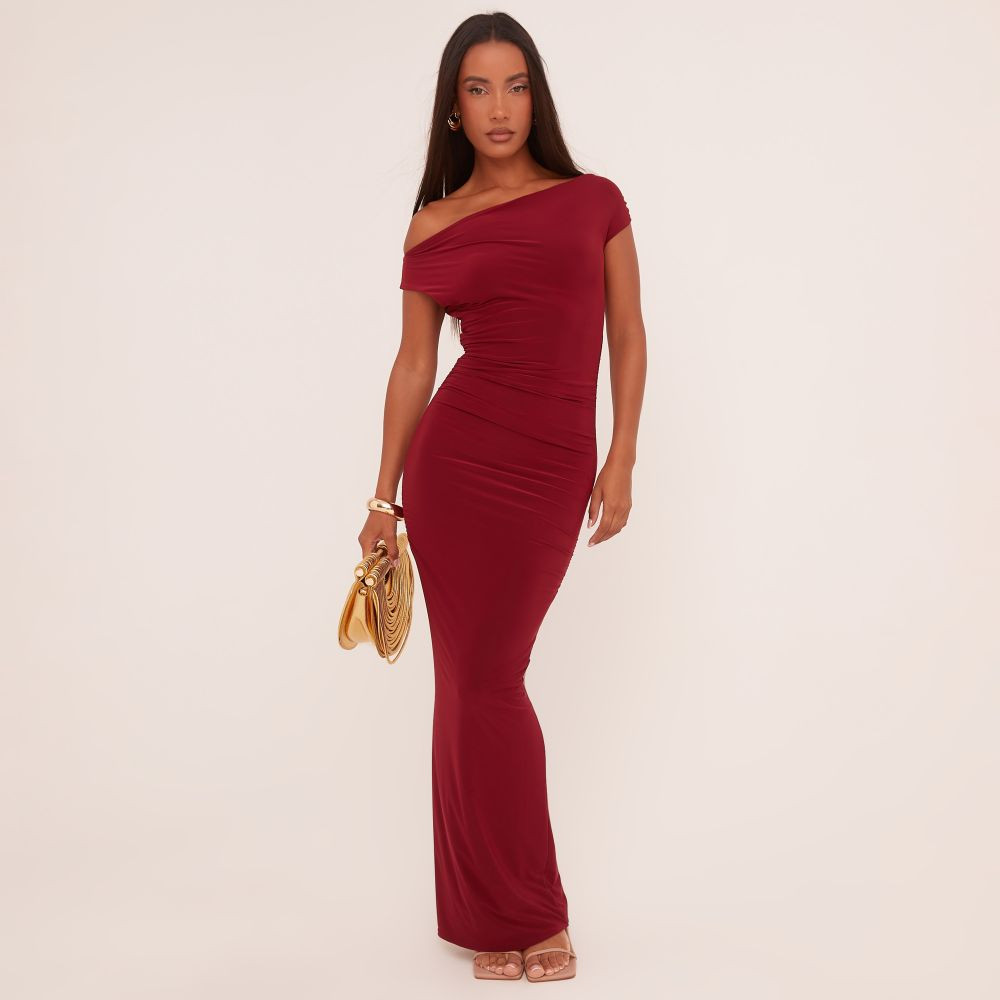 Asymmetric One Shoulder Ruched Detail Maxi Dress In Wine Slinky | EGO (UK)