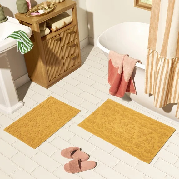 Beautiful Floral Block Scallop 2 Piece Bath Rug Set by Drew Barrymore, Amber Yellow, 17" x 24" & ... | Walmart (US)