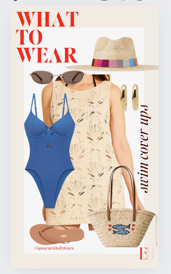 The swim cover-up situation most people get wrong — and how to fix it.
A cover-up shouldn't look like an afterthought. This cream eyelet cover-up dress is the piece that makes the transition from pool to lunch feel intentional — it's structured enough to look like an actual dress and sheer enough that everyone knows what you're working with underneath. The cobalt blue ribbed one-piece with the lace-up front is the swimsuit worth showing off.
The rest of the edit builds the complete beach day without overcomplicating it. TKEES flip flops because nothing else makes sense on sand. The embroidered fish market straw tote because your beach bag should have a point of view. Straw fedora with the multicolor band for the color moment, gold dome earrings because even at the beach Elly is accessorizing.
This is the beach day that looks like you've done it before. 

 