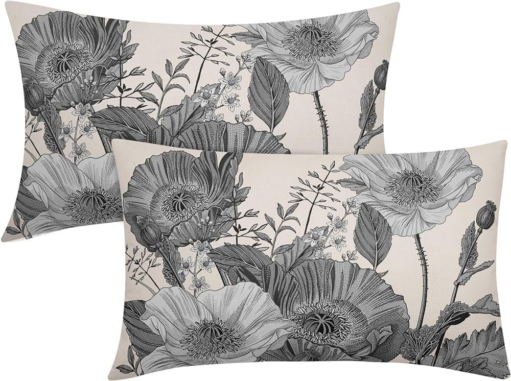 Vintage Flowers Lumbar Pillow Covers 12x20 Inch Set of 2 Black White Grey Floral Leaves Decorativ... | Amazon (US)