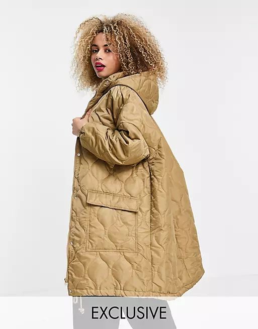 COLLUSION Unisex lightweight longline quilted jacket in beige | ASOS (Global)