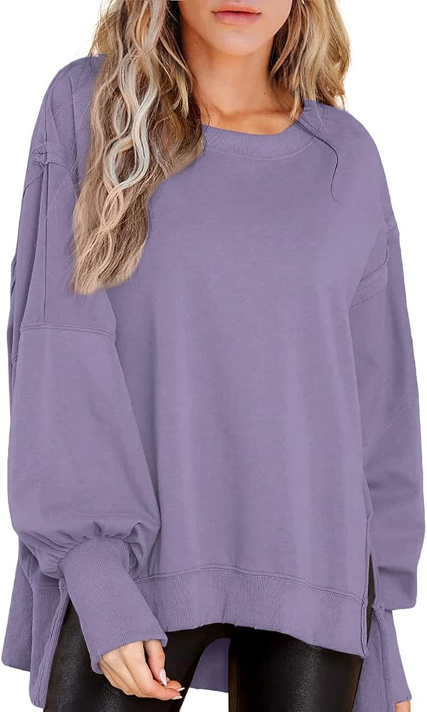 Beaully Women's Oversized Sweatshirts Crew Neck Long Sleeve Side Slit Pullovers Sweatshirt Casual... | Amazon (US)