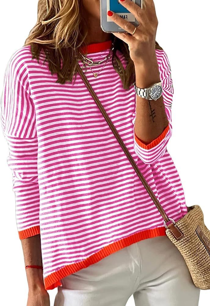 Dokotoo 2024 Long Sleeve Tops for Women Casual Crewneck Striped Shirts Color Block Drop Shoulder ... | Amazon (US)