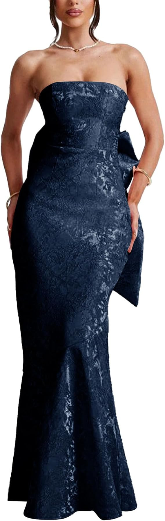 AKLASU Satin Strapless Prom Dress with Bow Mermaid Long Floral Jacquard Corset Formal Evening Gow... | Amazon (US)