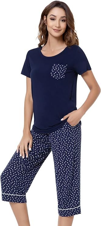 NACHILA Women's Pajamas Set Soft Bamboo Sleepwear Top with Capri Pants Pajama Sets Comfy Loungewe... | Amazon (US)