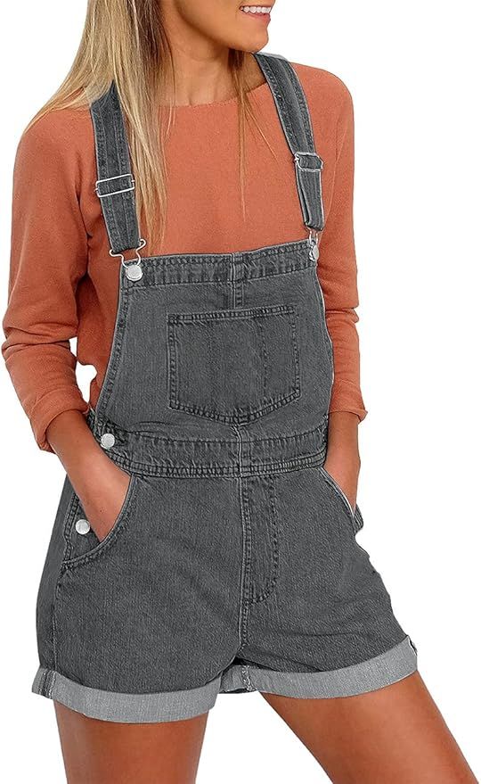 Vetinee Women's Classic Adjustable Straps Cuffed Hem Denim Bib Overalls Shorts | Amazon (US)