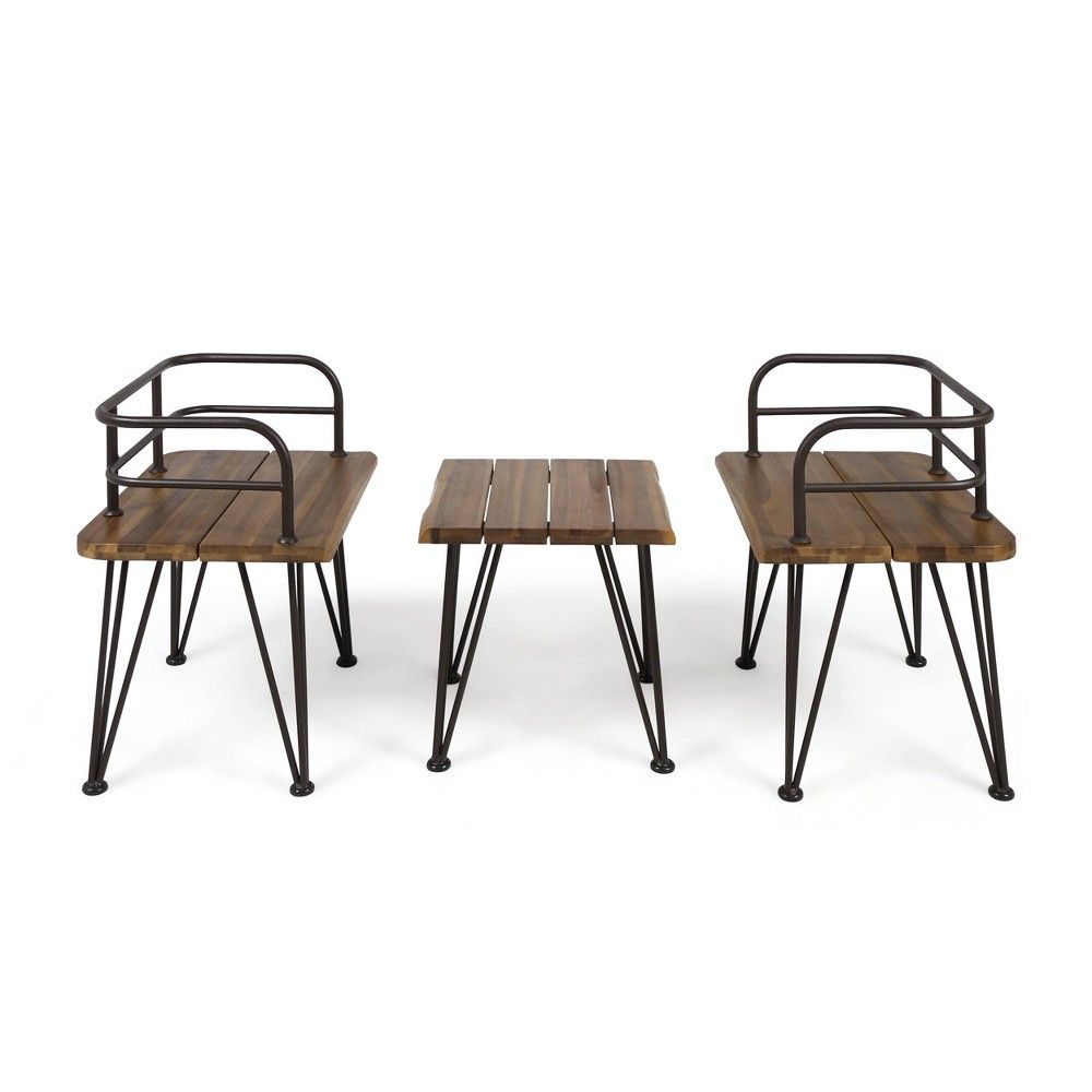 Zion 3pc Acacia Wood & Iron Industrial End Table Chat Set - Teak - Christopher Knight Home | Target