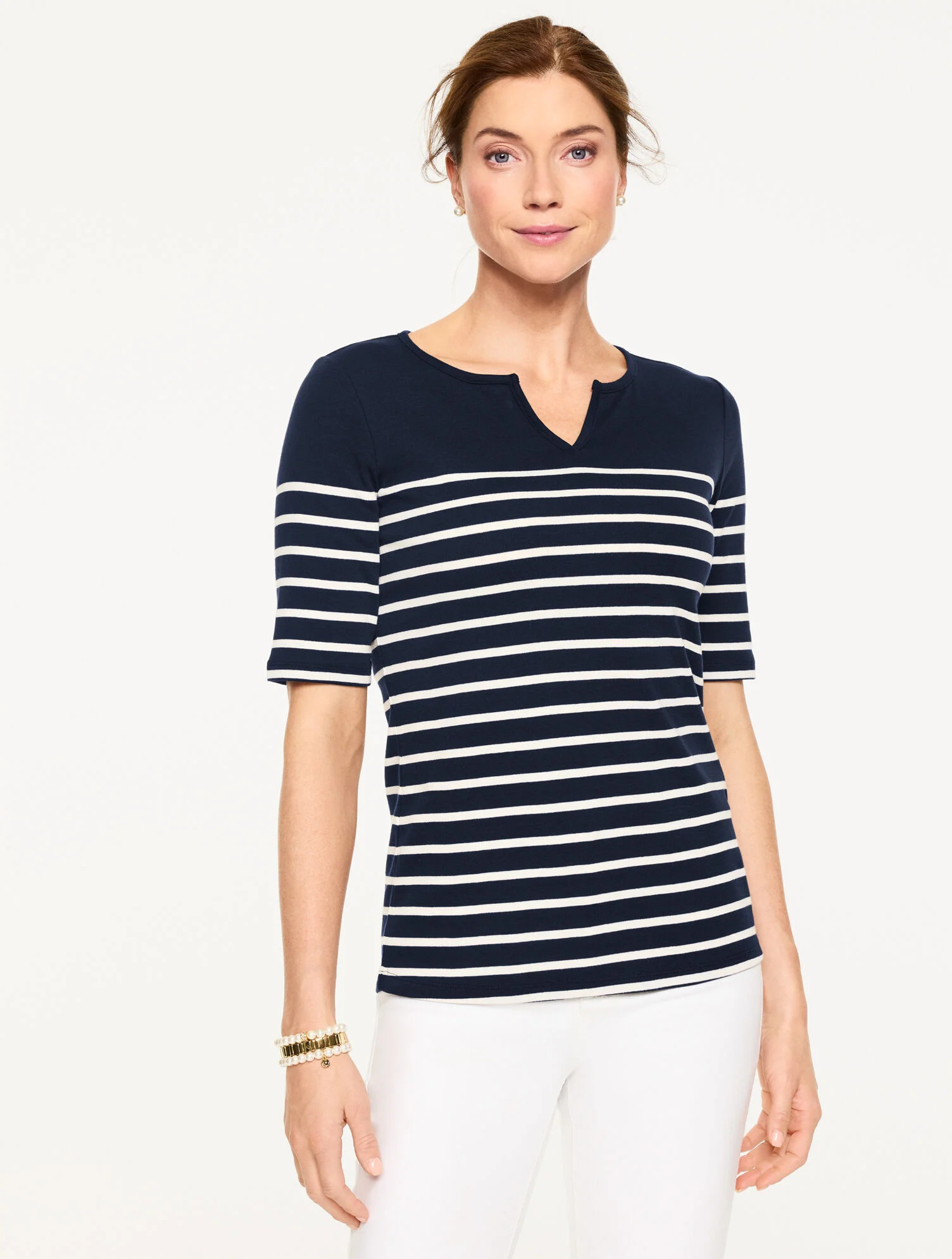 Elbow Sleeve Split Neck Tee - Love Stripe | Talbots