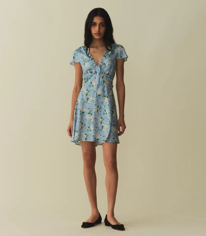 DÄ?EN Tayla Dress -- Sky May Bell Floral - Size - Xs Silk Print Floral Print Fitted Prairie Vintage-inspired Effortless | DOEN