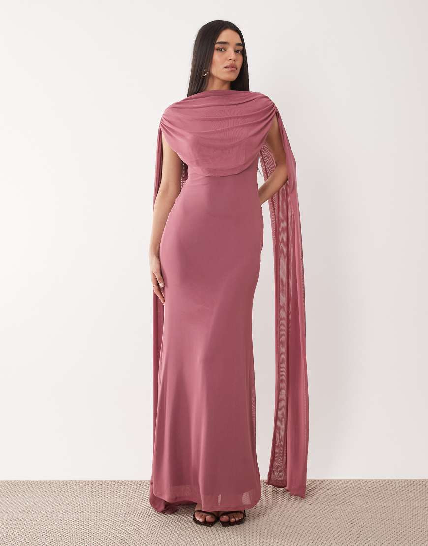 ASOS DESIGN mesh cape draped maxi dress in blush-Pink | ASOS (Global)