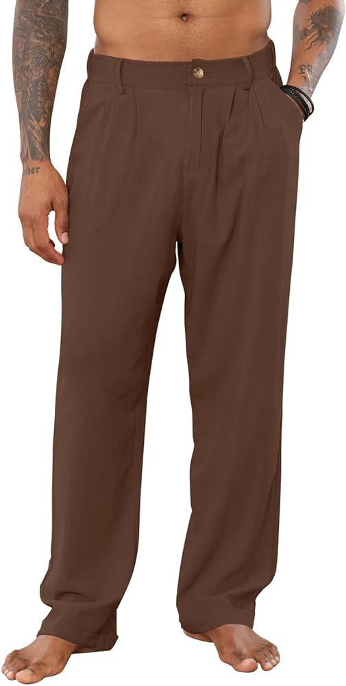 Mens Cotton Linen Pants Elastic Drawstring Waist Trouser Casual Loose Fit Yoga Beach Pants | Amazon (US)