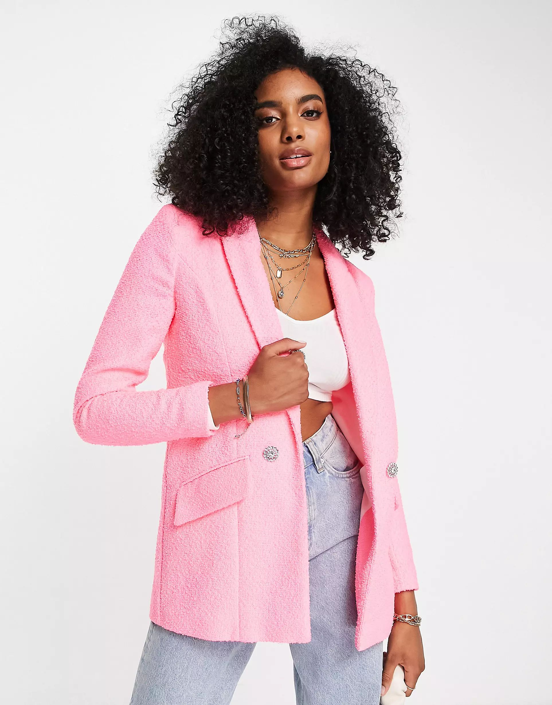 River Island boucle button front blazer in bright pink - part of a set | ASOS (Global)