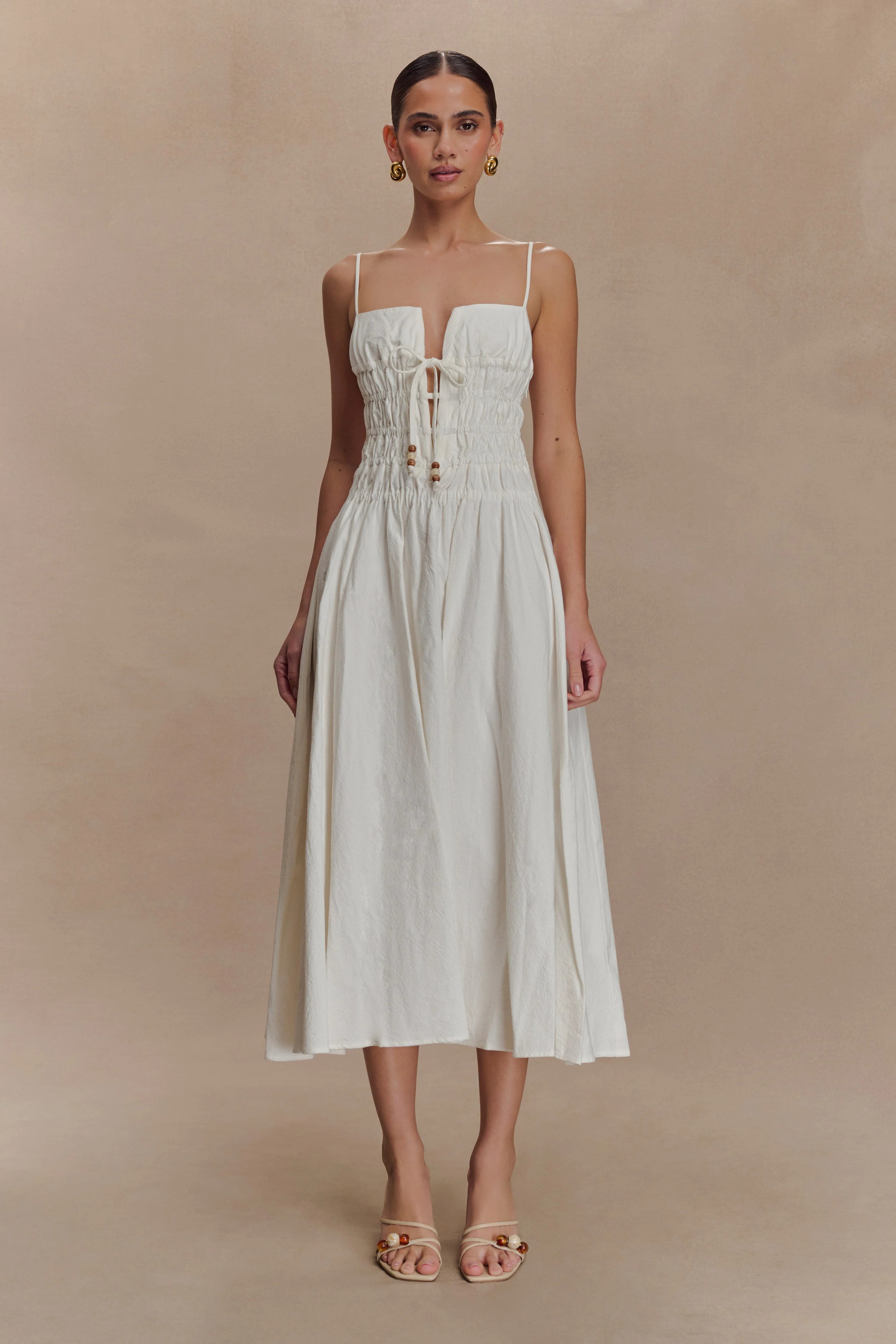 Elias Shirred Cotton Midi Dress - White | MESHKI US