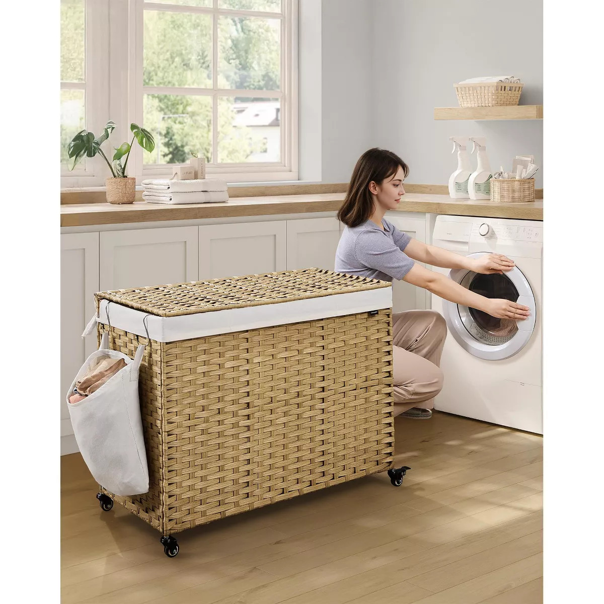 55.4 Gallon 4-Section Rolling Laundry Hamper with Wheels, Synthetic Rattan Storage Basket with Re... | Target