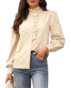 Women's Spring Shirts 2026 Long Sleeve Ruffle Collar Button Down Tops Dressy Casual Elegant Solid... | Amazon (US)