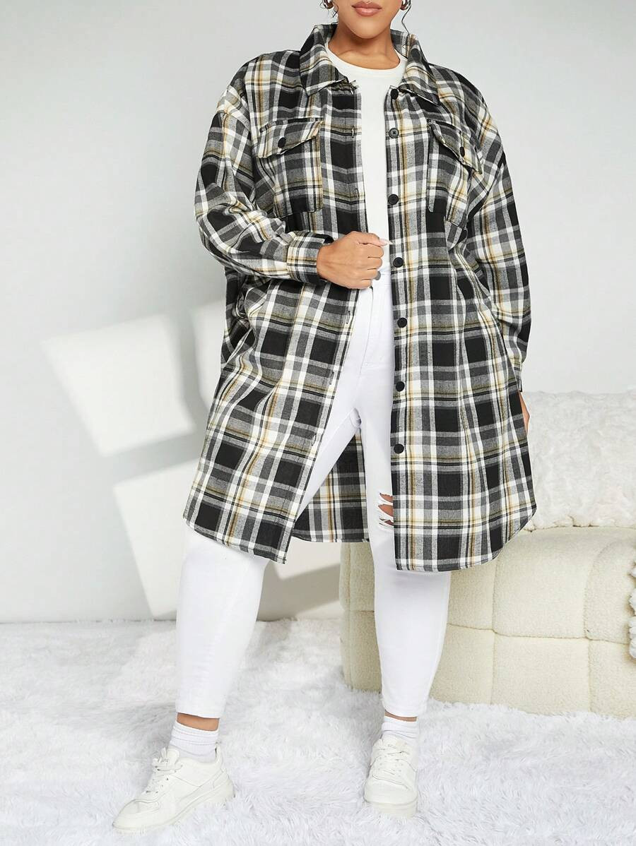 SHEIN CURVE+ Women's Plus Size Plaid Flap Pocket Button Front Jacket | SHEIN