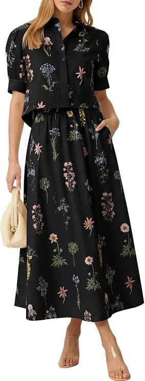 Tankaneo Womens 2 Piece Floral Skirt Sets Puff Sleeve Blouse and Elastic Waist Matching Set Vacat... | Amazon (US)