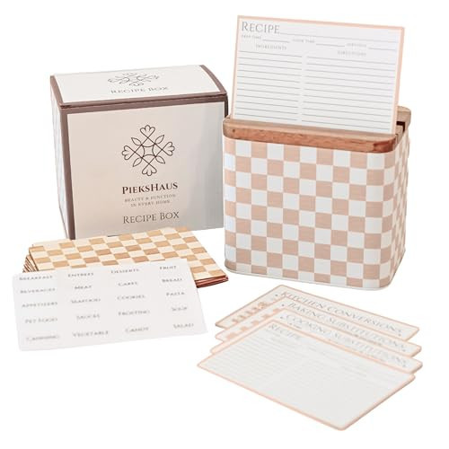 Recipe Box Set w/Acacia Wood Lid & Wooden Dividers -Modern Recipe Storage w/ 4x6" Cards & Protectors -Metal w/Customizable Tabs & Labels -Gifts For Mothers, Bridal, Home Decor (Dusty Pink) | Amazon (US)