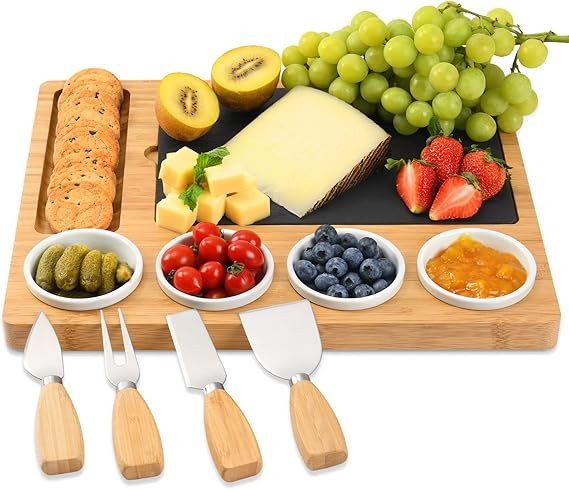 ABELL Bamboo Cheese Charcuterie Board and Knife Set with 4 Ceramic Bowls and Slate Inlay for Hous... | Amazon (US)