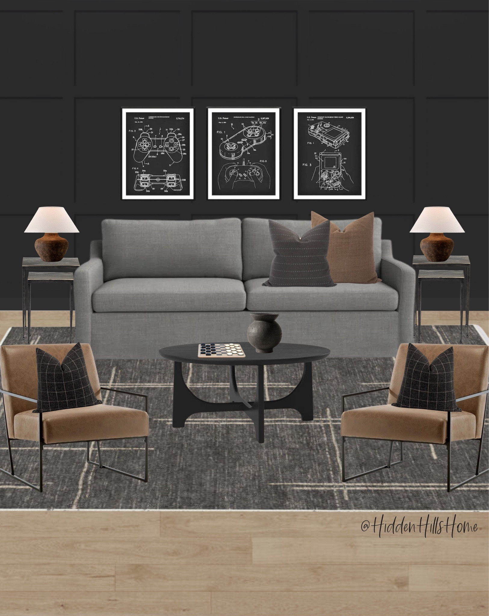 Masculine living room decor, man cave decor ideas, living room mood board, bachelor pad living room, masculine home decor #livingroom 

Wall color is SW Caviar

#LTKsalealert #LTKmens #LTKhome