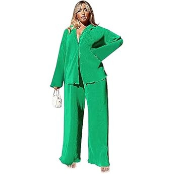 kaimimei Casual 2 Piece Outfit for Women - Linen Long Sleeve Button Down Shirt + Flare Pleated Wi... | Amazon (US)