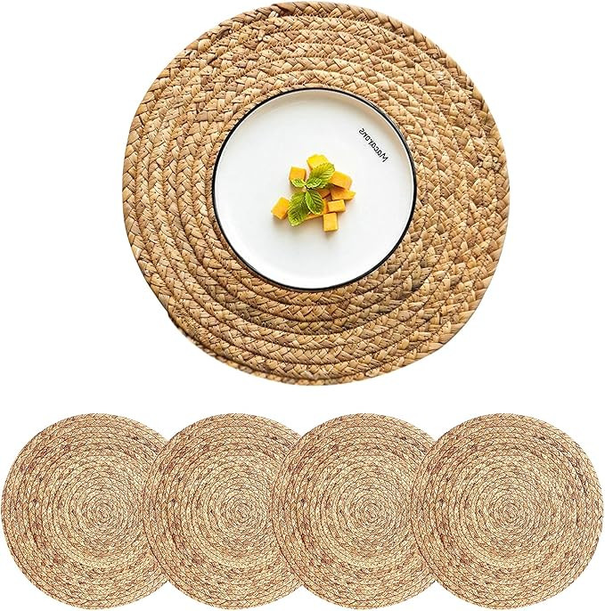 CY SISTERS Woven Placemats for Dining Table Set of 4, 100% Natural Water Hyacinth Rustic Round Pl... | Amazon (US)