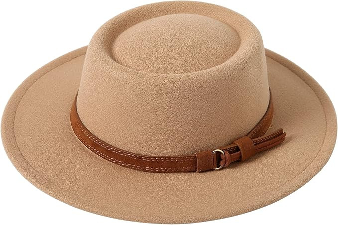 Lanzom Women Vintage Wide Brim Warm Wool Fedora Hat Belt Panama Hat Felt Jazz Hat | Amazon (US)