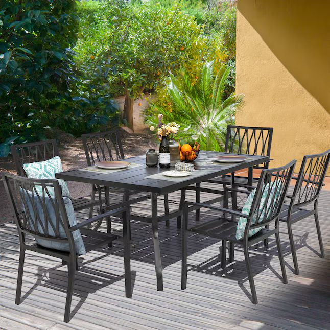 Nuu Garden Black Iron 7-Piece Patio Dining Set with Rectangle Table and Stackable Arm Chairs | Lowe's