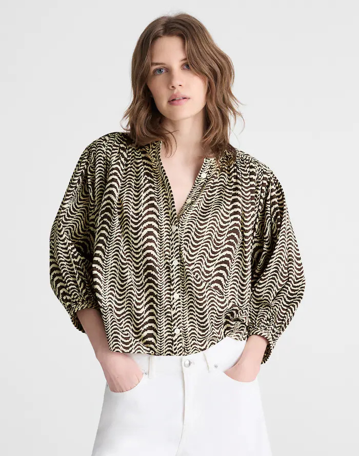 Shirred Crewneck Button-Up Top | Madewell