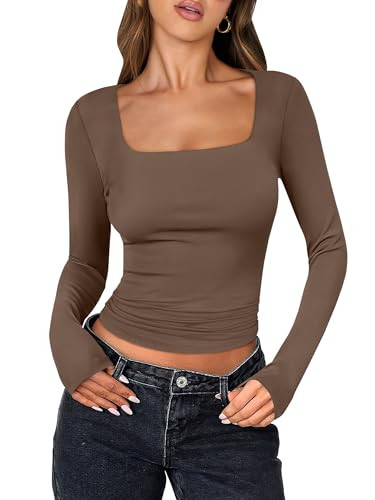 ANRABESS Women Double Lined Long Sleeve Crop Tops Shirts Square Neck Tight Fitted Going Out T-Shirt Basic Tee Outfits 2025 Brown Medium | Amazon (US)