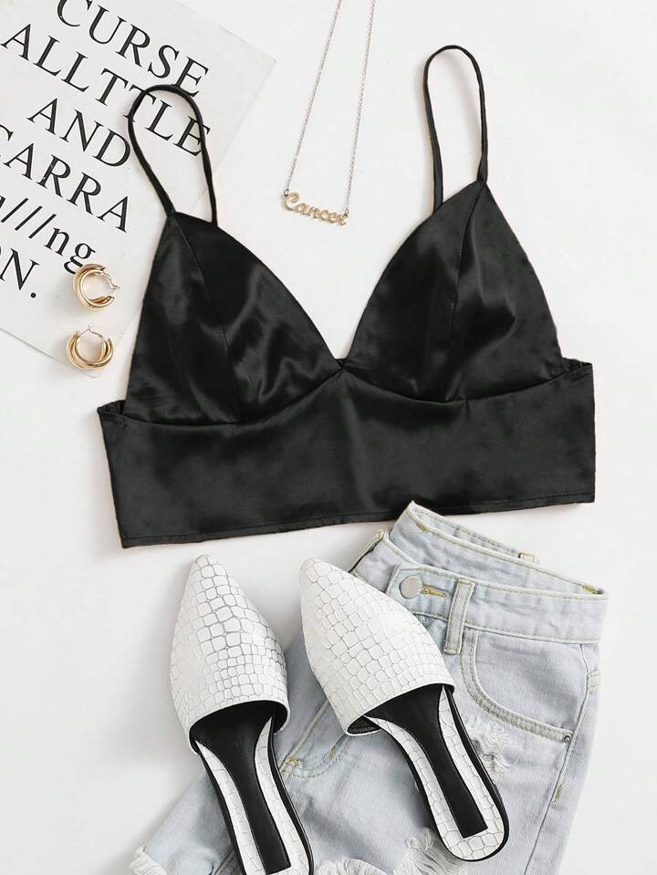 SHEIN ICON Shirred Back Satin Bralette Top | SHEIN